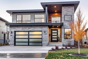 Contemporary Architecture Meets Natural Elegance in this Modern Dwelling with Two-Car Garage and Light Gray Siding, generative AI