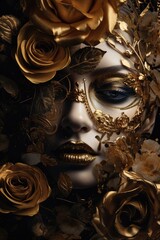 Vintage style collage vogue fashion illustration, with a beautiful female woman's face, rose flowers and black dark background, and gold foil texture.