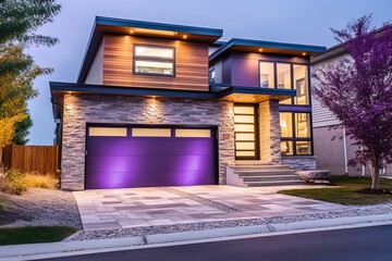 Contemporary Architecture Meets Modern Brand New Dwelling: A Two-Car Garage Haven with Show-Stopping Purple Siding and Natural Stone Details, generative AI
