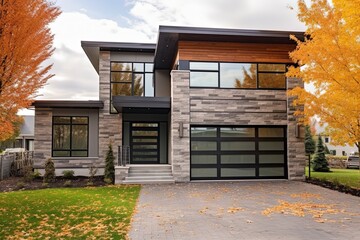 Contemporary Architecture Meets Natural Stone Details in a Modern Two-Car Garage Dwelling with Stunning Bronze Siding, generative AI