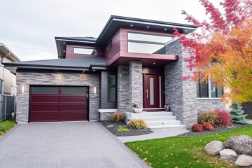 Contemporary Architecture: A Modern Dwelling with Two-Car Garage, Burgundy Siding, and Natural Stone Details, generative AI