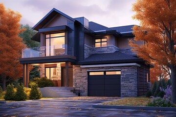 Contemporary Architecture Meets Modernity: A Newly-Built Home with a Two-Car Garage and Natural Stone Details on Purple Siding, generative AI