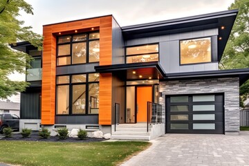 Contemporary Architecture and Natural Stone Details: A Newly Built Home with Two-Car Garage and Striking Orange Siding, generative AI