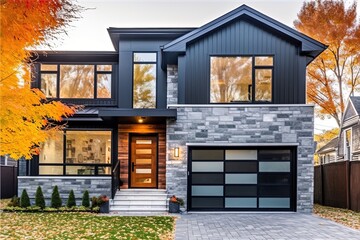 Contemporary Architecture Meets Fresh Design: A New Two-Car Garage Dwelling Adorned with Dark Blue Siding and Natural Stone Details., generative AI