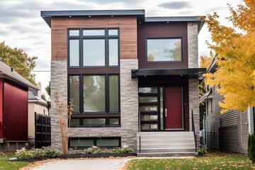 Fototapeta na wymiar Cutting-Edge Features in Prestigious Newly Developed Home with Red Siding and Natural Stone Cladding and Single Car Garage, generative AI