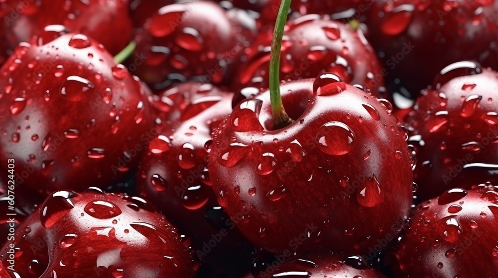 Wall mural abstract fresh cherries seamless background adorned with glistening droplets of water. generative ai