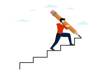 Concept of achieving career path, strategy for achieving business targets, successful business development, smart businessman using big pencil to draw ladder and walking up stairs.