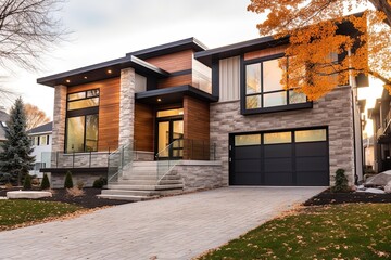 Fototapeta na wymiar Cutting-Edge Features and Natural Stone Cladding Highlight Prestigious New Home with Bronze Siding and Single Car Garage, generative AI