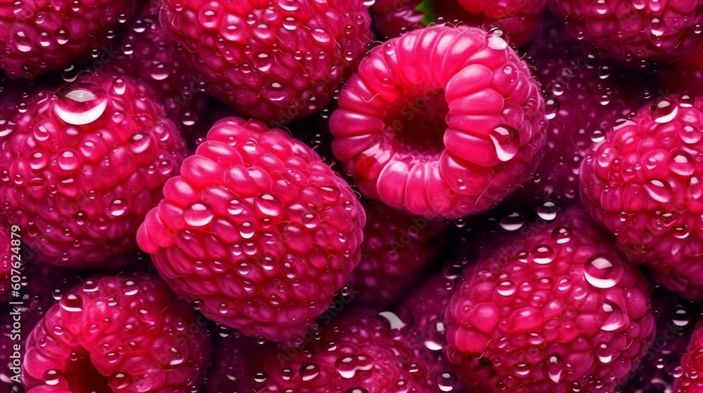 Wall mural abstract fresh raspberries seamless background adorned with glistening droplets of water. generative