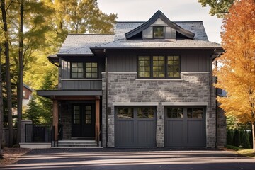 Modern Two-Car Garage Residence with Refined Styling, Dark Gray Siding, and Natural Stone Walls, generative AI