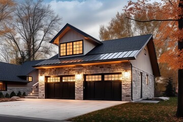 Fototapeta na wymiar Modern Styling and Natural Stone Walls: A Refined Fresh Development Residence with White Siding and Two-Car Garage, generative AI
