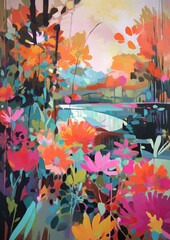 Obraz na płótnie Canvas Beautiful Gouache painting, stylish and modern colours, floral and natural shapes, drips of wet paint, perfect for magazine feature illustration and background for a design or product.