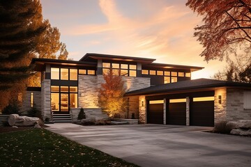 Obraz premium Modern Styling and Natural Stone Walls: Newly Developed Residence with Coral Siding and Two-Car Garage, generative AI