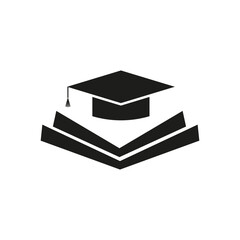 book and student cap logo concept. Vector illustration. Stock image. - obrazy, fototapety, plakaty