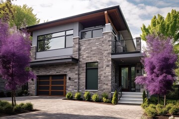 Modern Styling and Natural Stone Walls: A Refined Fresh Development Residence with a Two-Car Garage and Purple Siding, generative AI