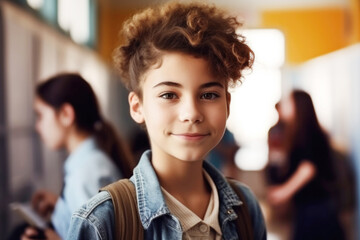 Non binary teen in school hallway with kids in background. Generative AI.