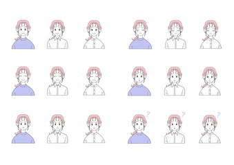 カジュアルファッションの女性　表情セット（バストアップ・ピンク×ブルー・ベクター）
