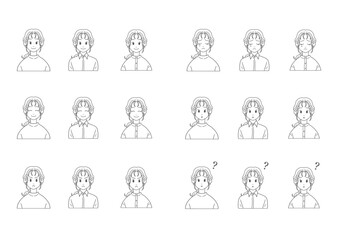 カジュアルファッションの女性　表情セット（バストアップ・線画・ベクター）