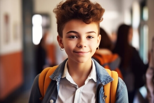 Gender neutral mixed race pre teen in school hallway with kids in background. Generative AI.