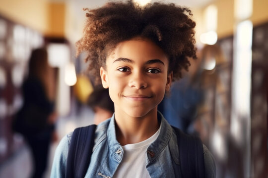 Portrait of black teenager student in school hallway with lockers. Generative AI.