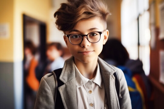 Stylish non binary pre teen student in school hallway with kids in background. Generative AI.