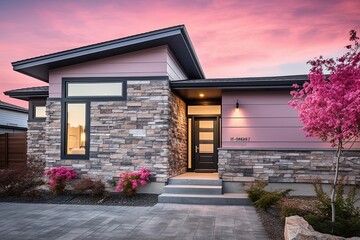 Modern and Elegant: Sublime New House with Natural Stone Entrance, Single Car Garage, and Pink Siding, generative AI