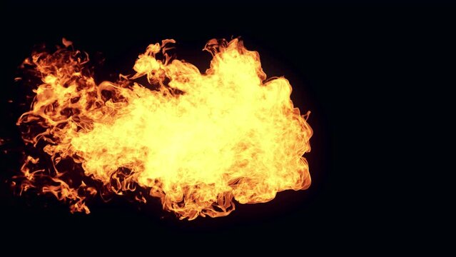 A burst of blazing fire enters from frame left and travels across the screen, spreading to center of the frame and dissipating completely on black background. Fire logo, text or title reveal.