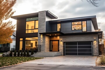 Cutting-Edge Features and Prestigious Style: A Newly Developed Home with Dark Gray Siding and Natural Stone Cladding, Complete with Single Car Garage, generative AI