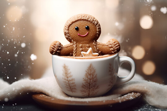 Gingerbread man in a cup of hot chocolate or cocoa. AI generated