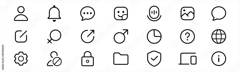 Poster user interface icon set in line style. setup and setting simple black style symbol sign for apps and
