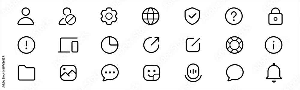 Poster user interface icon set in line style. setup and setting simple black style symbol sign for apps and