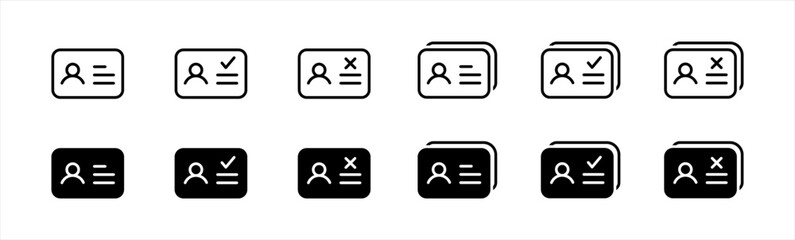 ID Card icon set in line style. ID Card with Circle tick approved symbol. Driver's license Identification card simple black in flat style symbol sign for apps and website, vector illustration.	
