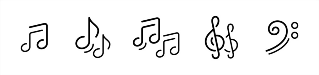 Music notes icon set in line style. Musical key simple black style symbol sign for apps and website, vector illustration.	