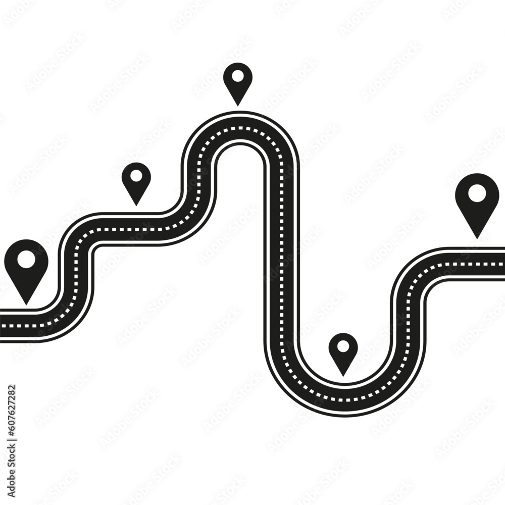 Poster winding road. road way location with pin pointer. vector illustration. stock image.