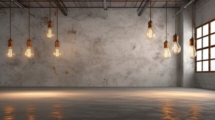 Edison retro lamp incandescent bulbs on gray plaster wall background in loft. Concept vintage style. Generative ai