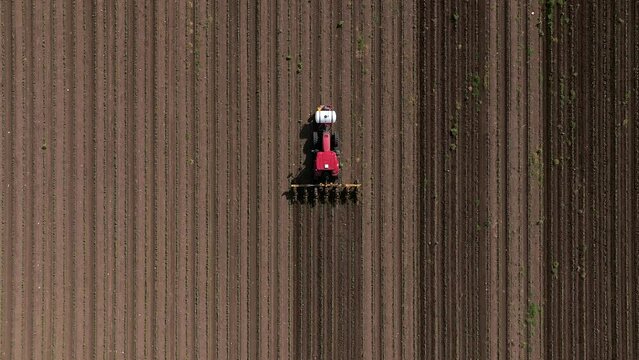 Tractor pulling Fertilizer discharge arm in slow motion over fresh crops