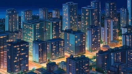 City night landscape. Residential high-rise buildings. Generative ai