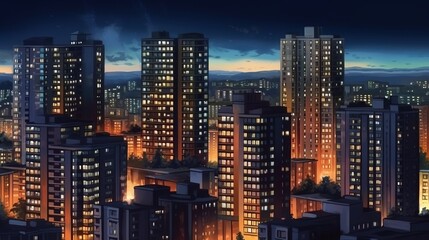 Fototapeta na wymiar City night landscape. Residential high-rise buildings. Generative ai