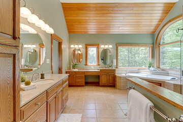 Japandi Modern Primary Bathroom with Curved Wood Windows and Soaking Tub with Glass Shower