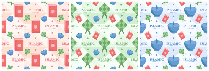 Set of Happy Islamic New Year Seamless Pattern Design Flat Illustration with Muslims Elements in Template Hand Drawn