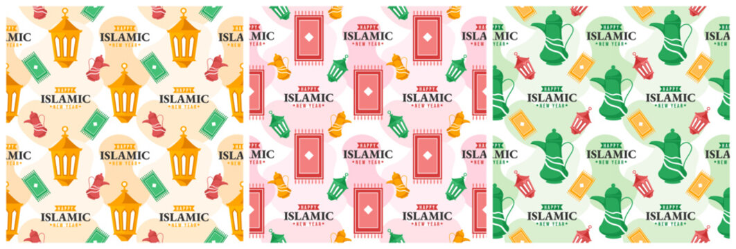 Set of Happy Islamic New Year Seamless Pattern Design Flat Illustration with Muslims Elements in Template Hand Drawn