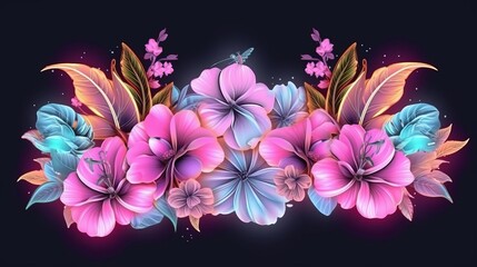 Different beautiful flowers with neon frame around. Generative ai