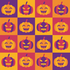  Geometric pattern of squares and pumpkins in orange, purple, yellow and magenta colors. Seamless vector illustration for various prints.
