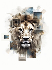 lion’s face with a collage of squares and rectangles in the background, Generative Ai