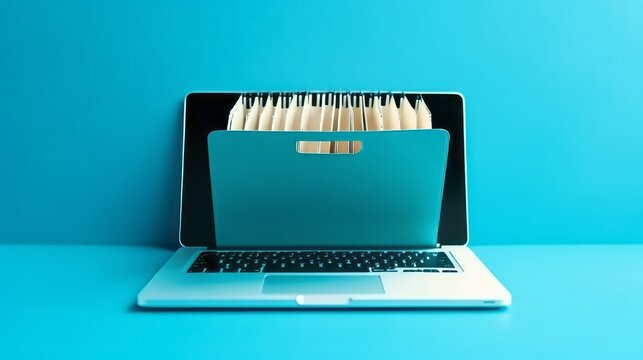 File folder on laptop screen blue background. Generative ai