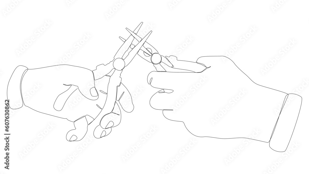 Poster one continuous line of pliers, tongs. a hand tool used to hold objects securely. thin line illustrat