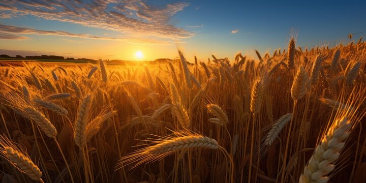 Field of golden wheat against the background of the morning sun. AI  generation 