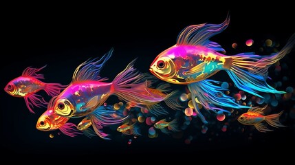 Glowing colorful fishes on black background. Generative ai