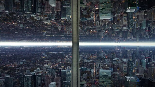 Doubling symmetry effect, mirroring city metropolis -  Aerial parallax render