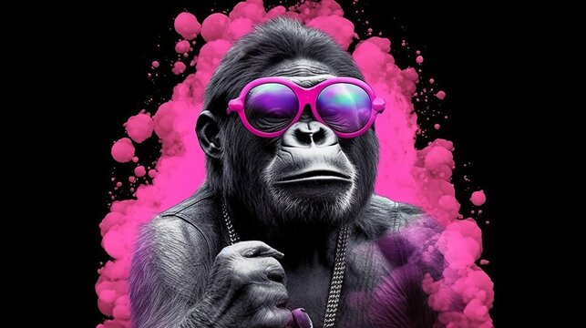 Gorilla with sunglasses on dark background with pink powder explosion all around. Generative ai